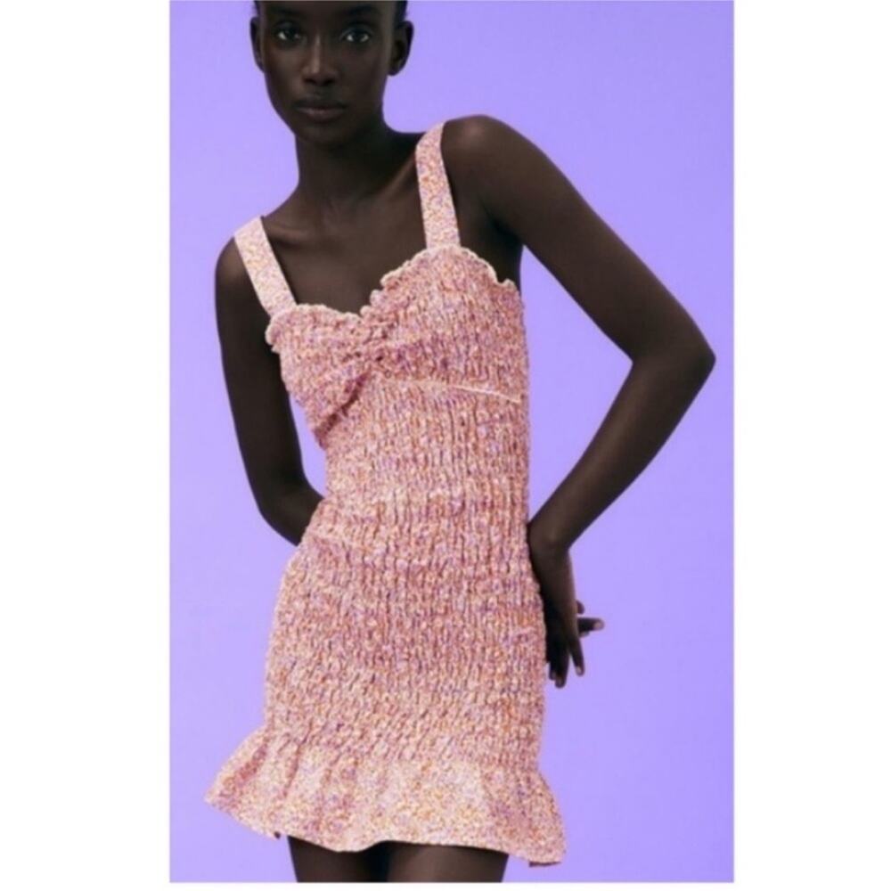 Zara Floral Ditsy Orange Lilac Smocked Sleeveless Minidress, EUC, Size Medium